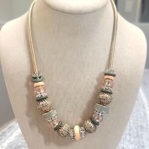 Vintage Pink  Gray Charm Necklace Enamel & Glass Bead Charms Gold Tone 21"